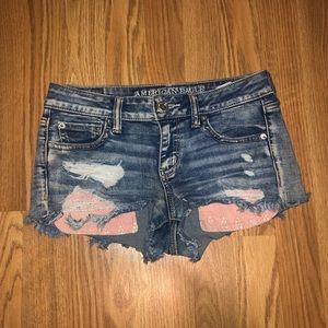 American Eagle Blue & Pink Ripped Jean Sho…